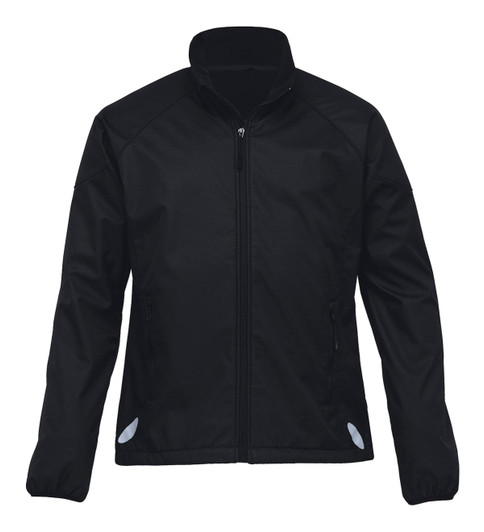 A black soft shell jacket with a zip front and a collar, featuring a logo on the sleeve.