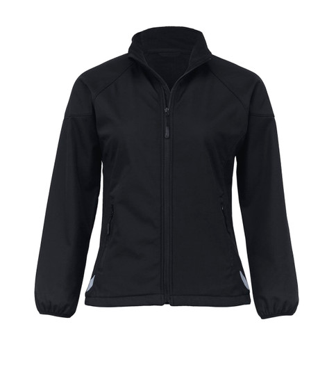 A soft shell jacket in black with a zip front and side pockets, featuring elasticised cuffs and a collar.
