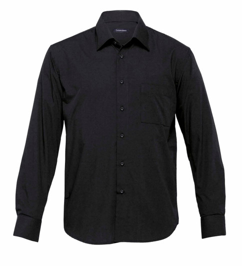 A black long sleeve button-up shirt with a chest pocket and a logo on the collar.