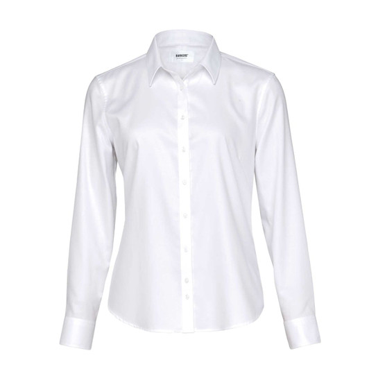A white button-up shirt featuring a collar and long sleeves, with a logo on the label.