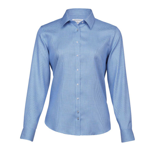 A button-up women's shirt in a light blue hue with long sleeves and a fitted design. Features a logo on the chest.
