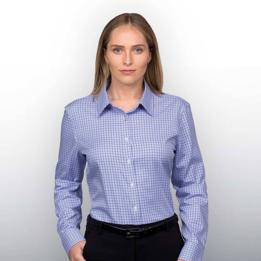 A women's button-up shirt in a blue and white check pattern, featuring a collar and long sleeves.