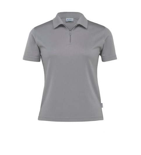 A women's polo shirt in grey with a zip collar and short sleeves. It features a logo on the chest.