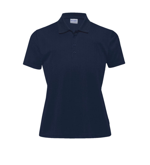 Navy blue women's polo shirt with a collar, three buttons, and a branding logo.
