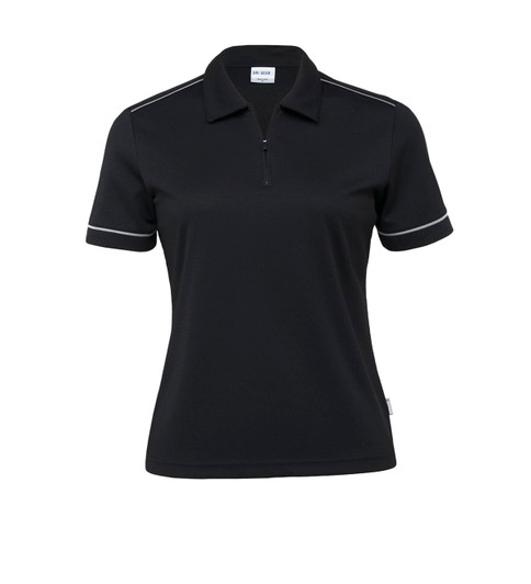 A women's black polo shirt featuring a zip and contrasting trim, with a logo on the chest.