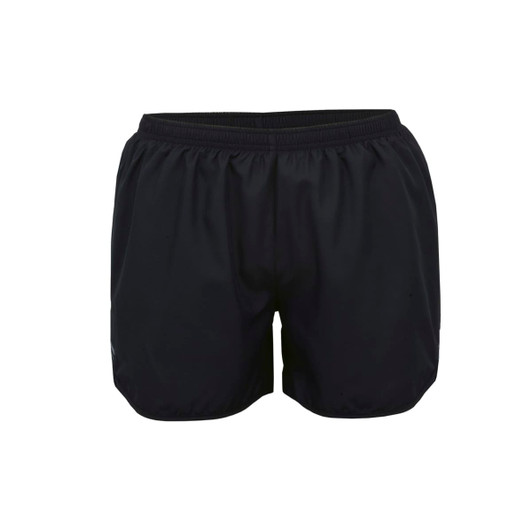 Black women's sports shorts with an elastic waistband and a logo. Perfect for activewear.