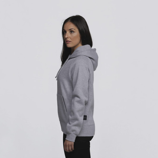 A grey women's vintage hoodie with a kangaroo pocket and a hood, featuring a small logo on the side.