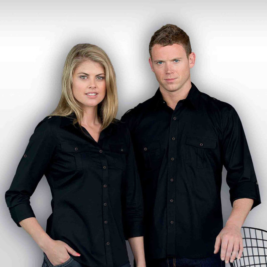 A black button-up shirt for women, featuring dual chest pockets and a sleek design. A logo is visible on the shirt.