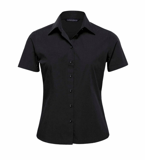 A black short sleeve button-up shirt for women featuring a collar and front buttons. It has a logo on the label.