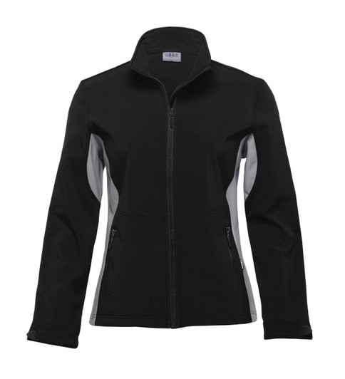 A women's soft shell jacket in black with grey side panels, featuring a full front zipper and two pockets.