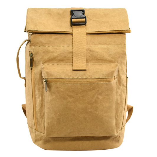 A yellow kraft paper laptop backpack with a roll-top closure, front pocket, and adjustable straps.