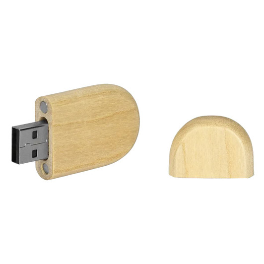 A bamboo USB flash drive in light wood, featuring a removable cap and a small logo.