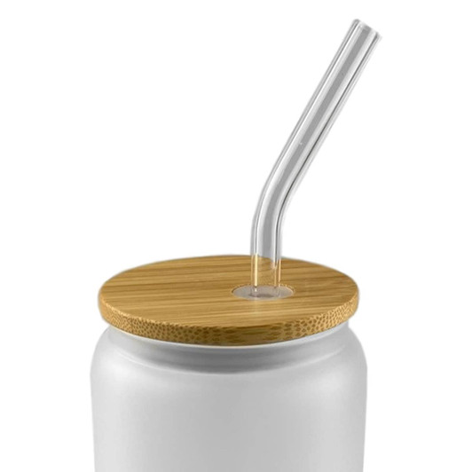 A glass tumbler with a bamboo lid and a clear straw, featuring a sleek white design.