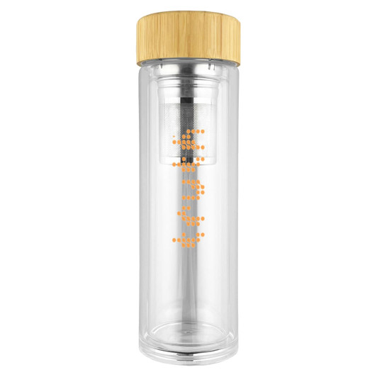 A drink bottle made of clear glass with a bamboo lid and an orange infuser basket inside.