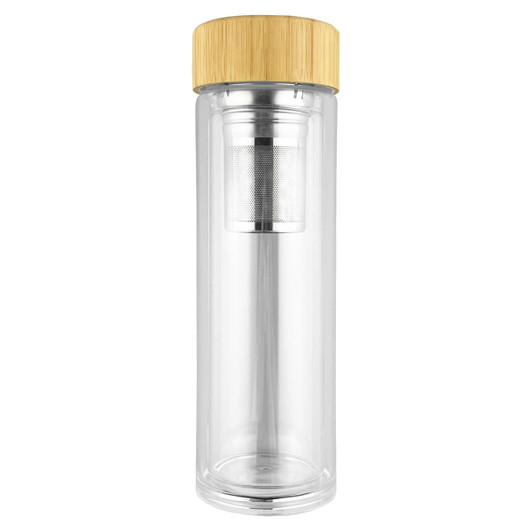 A glass drink bottle with a clear body and a bamboo lid, featuring a built-in strainer.