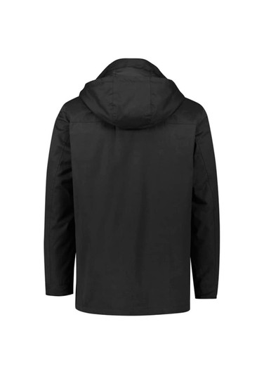 A men's jacket in black featuring a hood and a simple design. The back view showcases its casual style.
