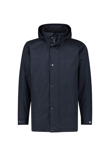 A men's Melbourne Comfort Jacket in dark navy with a hood and front buttons. The jacket has a logo on it.