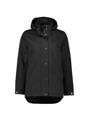 A black women's jacket with a hood and button closures. It features a logo on one side.