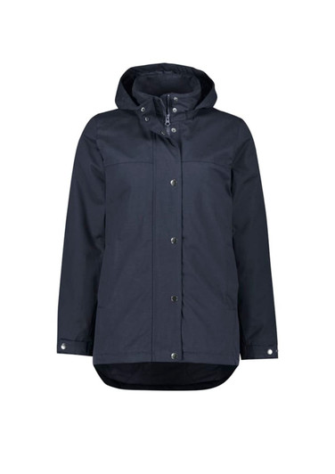 A women's Melbourne Comfort Jacket in navy, featuring a hood and front buttons, with a logo on the sleeve.