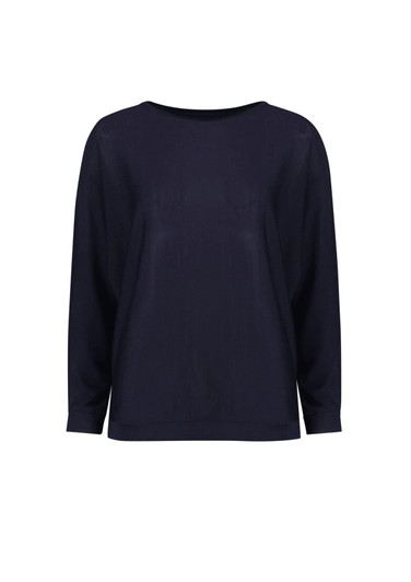A navy batwing sweater top with a wide neckline and long sleeves. The design features a relaxed fit.