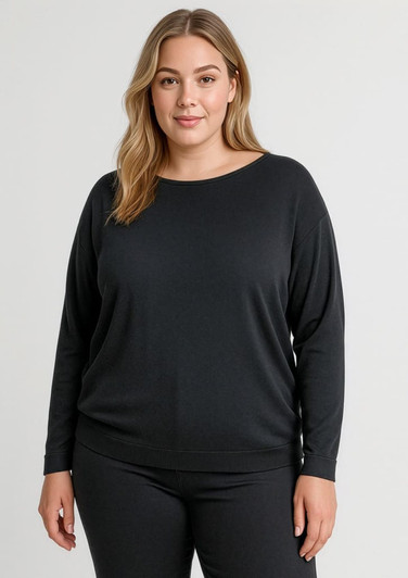 A black batwing sweater top featuring long sleeves and a relaxed fit. Suitable for casual wear.