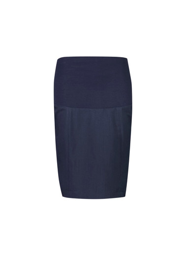 A dark navy maternity skirt with a stretchy waistband and a fitted silhouette. It features a smooth, unembellished design.