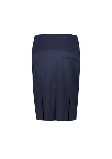 A navy maternity skirt with a smooth waistband and back pleats, featuring a single back pocket and a logo.