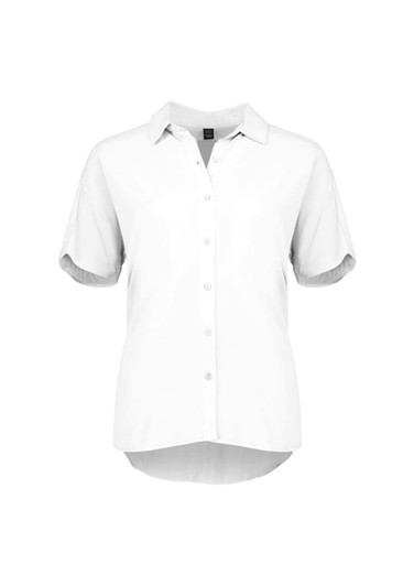 A white short sleeve blouse with a collar and button-up front, featuring rolled sleeves and a curved hem.