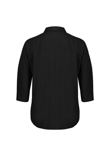 A black 3/4 sleeve blouse with a collar, featuring a back yoke detail and a loose fit. It has a simple design with no visible branding.