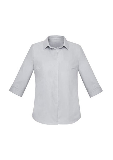 A light grey women's button-up shirt with 3/4 sleeves and a collar. It features a simple, clean design and has a logo.