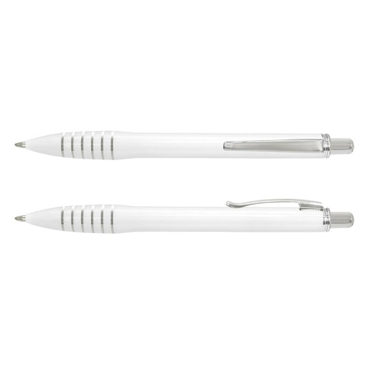 A plastic pen in white with silver accents and a clip, featuring a sleek, modern design.
