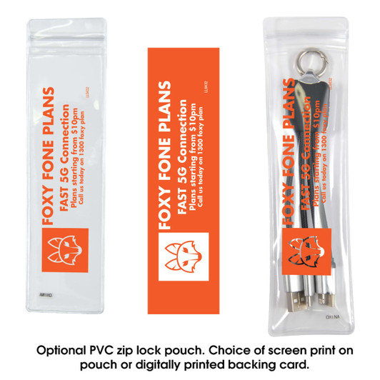 A zip lock pouch containing charging cables, featuring an orange design and a keyring attachment.