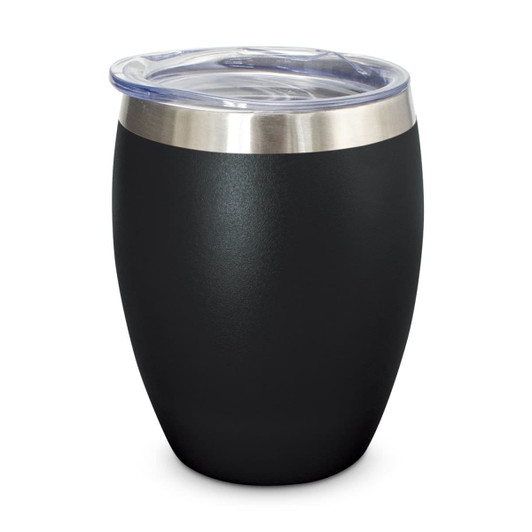 A drink bottle in matte black with a stainless steel rim and a transparent lid. It features a rounded design.