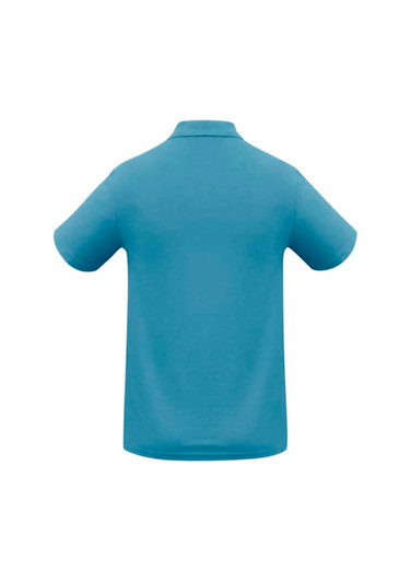 A blue men's polo shirt with a collar and short sleeves, featuring a logo.