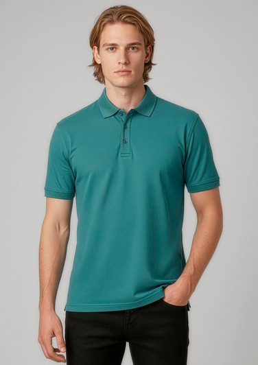 A teal polo shirt featuring short sleeves and a collar, displayed on a male model against a neutral background.