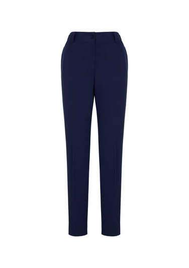 Navy women's slacks with a bandless elastic waist, featuring side pockets and a tailored fit. Includes a branding logo.