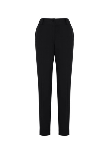 A pair of black women's slacks with a bandless elastic waist and side pockets, featuring a logo.