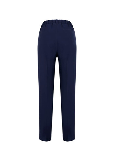 Bandless elastic waist women's pants in navy blue with a single back pocket and a regular fit. Features a logo.