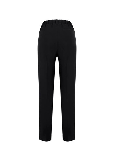 A pair of black women's bandless elastic waist pants with a simple design and a back pocket.