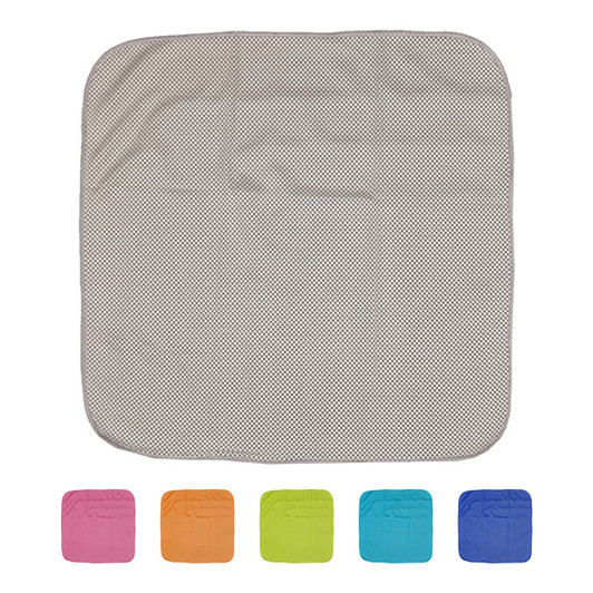 A cooling face cloth in a mesh pattern, featuring pink, orange, green, blue, and a grey main colour.
