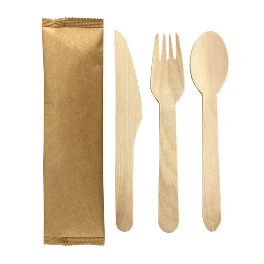 A wooden cutlery set featuring a knife, fork, and spoon, packaged in brown paper.