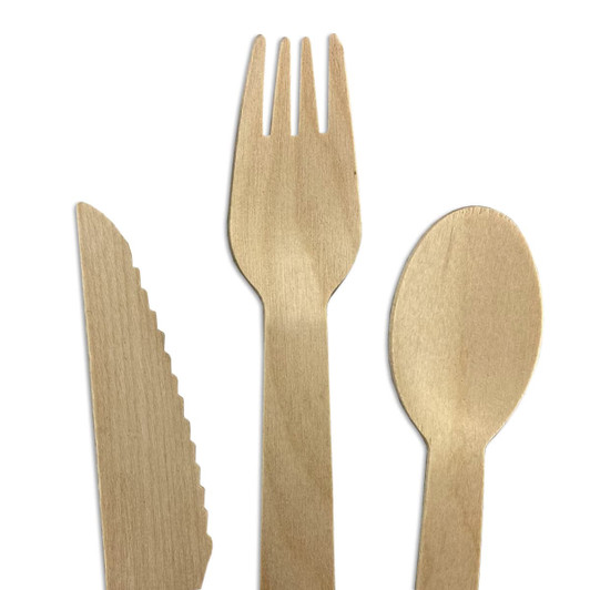 A wooden cutlery set featuring a knife, fork, and spoon, all in a natural wood tone.