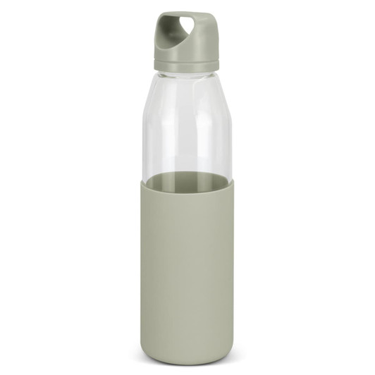 A drink bottle featuring a clear glass body and a soft green silicone sleeve. It includes a flip-top lid and has branding.
