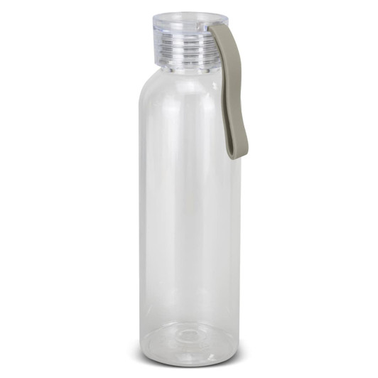 A drink bottle in clear plastic with a grey handle, featuring a screw-on lid and an attached strap.