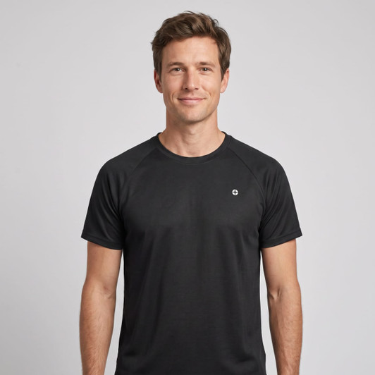 A black T-shirt featuring a logo, displayed on a male model against a plain background.