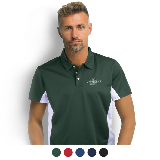 A man wearing a dark green polo shirt with white side panels and a logo, available in multiple colours.
