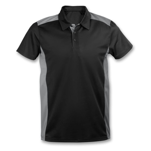 A black polo shirt with grey side panels and a collar, featuring a button placket and a logo.