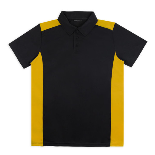 A black and yellow polo shirt with a collared neckline and a logo on the chest. It features contrasting side panels.