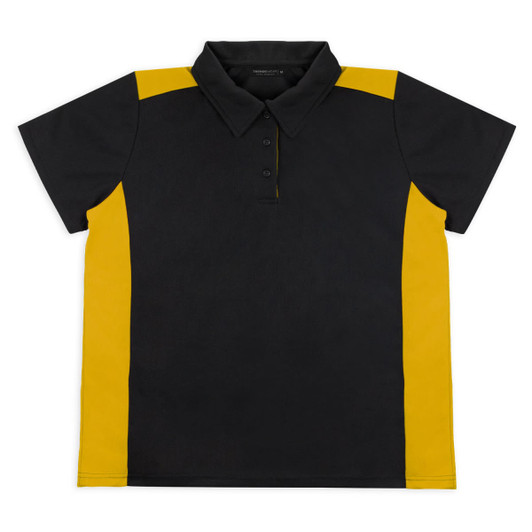 A black and yellow polo shirt with a collar, featuring short sleeves and an undefined logo.