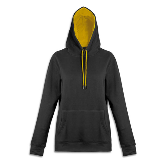 A black unisex hoodie with a yellow inside lining and matching drawstrings. Features a front pouch pocket and a logo.